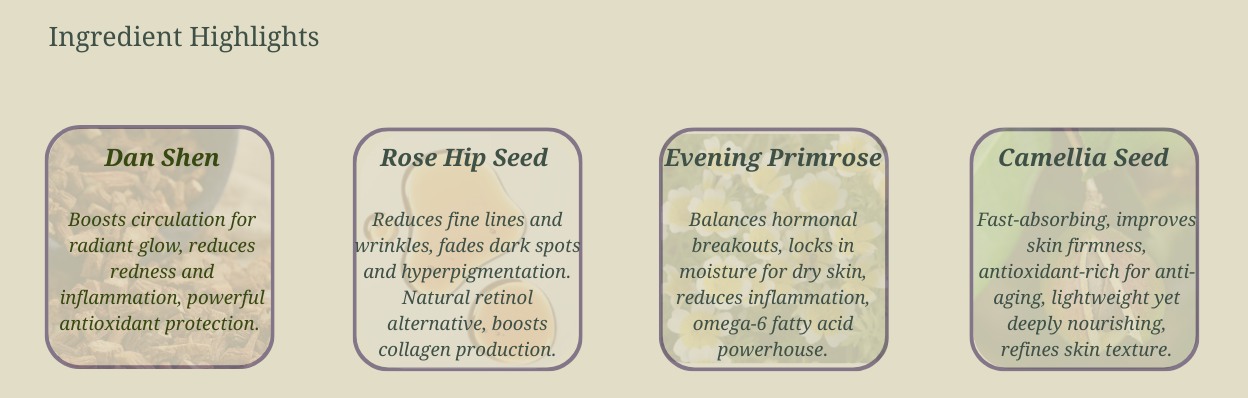 gioval organics Ingredient highlights text on a beige background